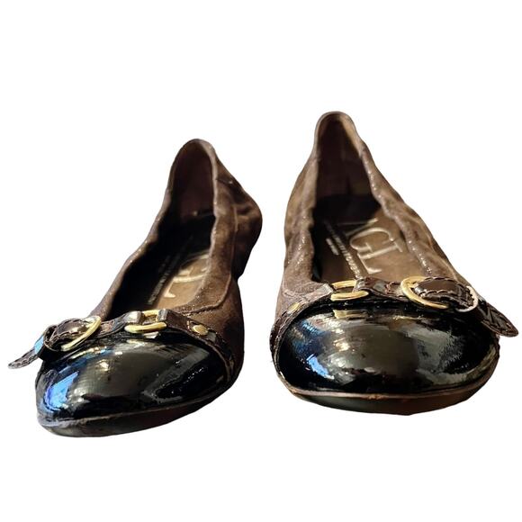 AGL Ballet Flats Brown Monika Cap Toe Suede Patent Leather Shoes Buckle 36 EUC - Picture 6 of 11